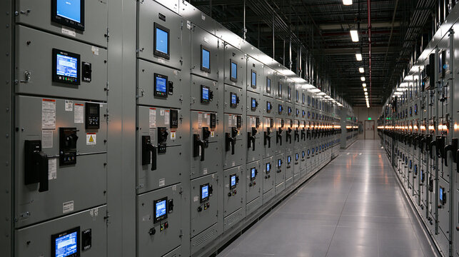 Industrial electrical switchgear panels stand in a modern server facility corridor. Ideal for power distribution and data center infrastructure concepts.
