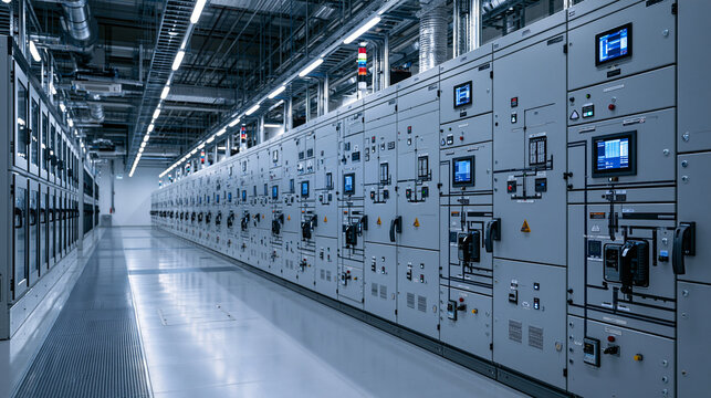 Rows of electrical control panels line a bright, modern industrial substation room. Perfect for power distribution and infrastructure concepts.