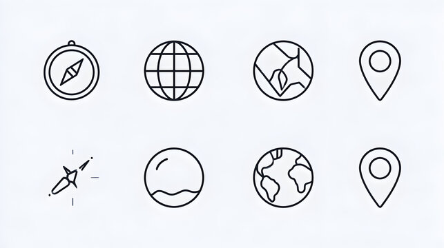 Location line icon set. Compass, travel, globe, map, geography, earth, distance, proximity minimal vector illustration. Simple outline sign for navigation app ui.