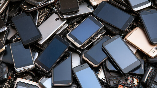 A dense pile of discarded and broken mobile smartphones. Perfect for electronic waste recycling and environmental awareness concepts.