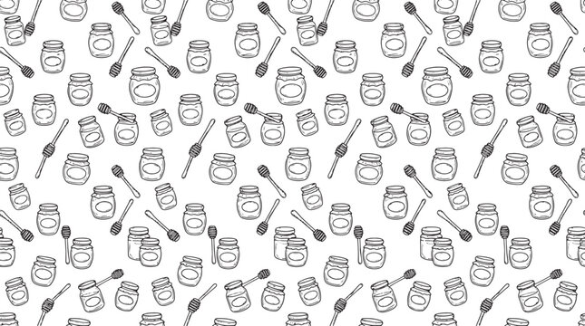 Hand drawn honey jar and dipper pattern in black and white vector illustration for food design