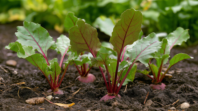 Young beet plants growing in garden soil with red stems and green leaves