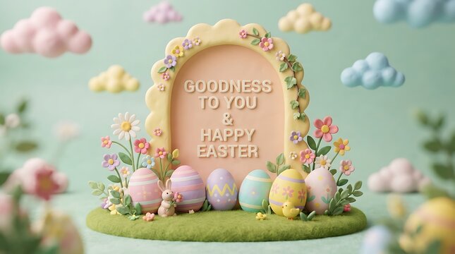 Easter greeting card with decorated eggs and flowers in a whimsical clay style