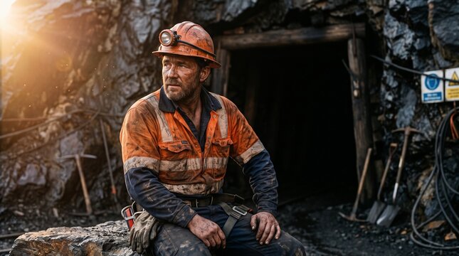 Tired Copper Miner Portrait Wearing Hard Hat Near Underground Tunnel at Golden Hour Sunset