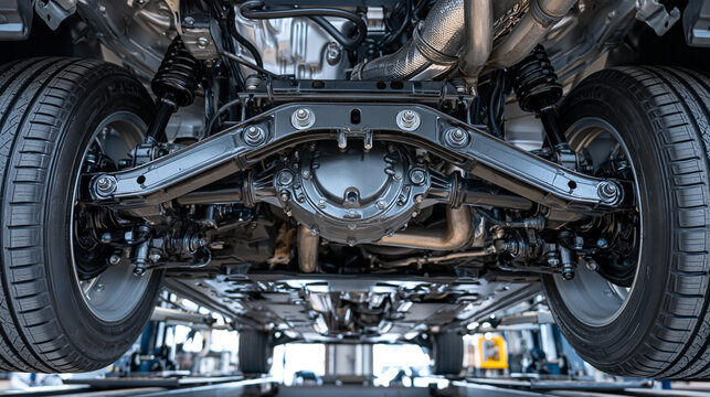 Detailed view of a car suspension and undercarriage on a workshop lift. Ideal for automotive service and maintenance concepts.