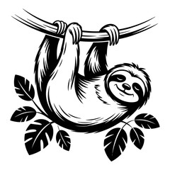 Fototapeta premium Hanging sloth clings to branch in detailed black silhouette