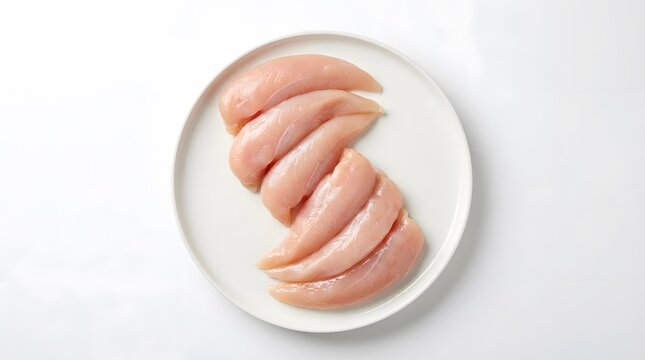 Fresh raw chicken breast fillets on white plate for healthy meal prep.