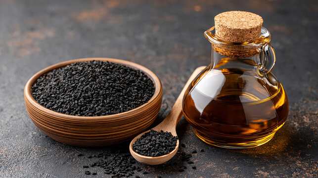 Black cumin seeds in a bowl beside a bottle of black seed oil. Ideal for herbal medicine.