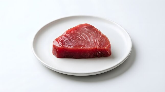 Fresh raw tuna steak on a white plate ready for gourmet cooking.