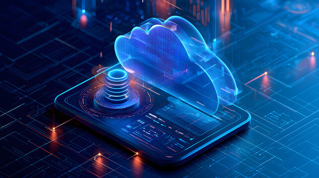 Modern cloud computing platform with database, analytics dashboard, and scalable cloud infrastructure on clean blue technology background, idea for cloud services banner Stock Illustration