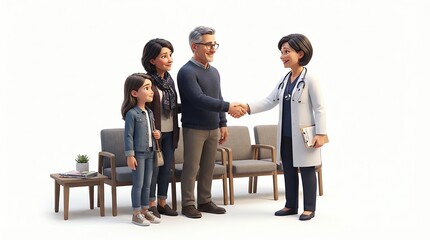 Fototapeta premium Doctor shaking hands with father in waiting room with family
