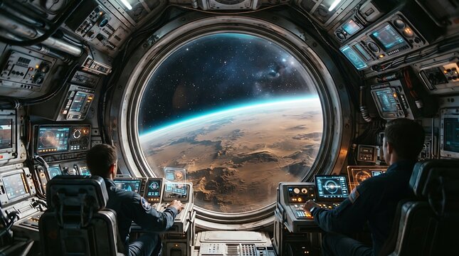Astronauts inside spaceship cockpit looking at planet earth from space window