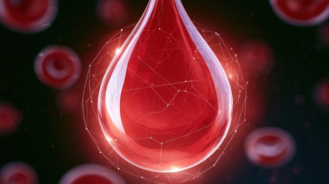 Blood testing screening biomarkers concept. Close-up of a red blood cell encased in a complex network of fibers