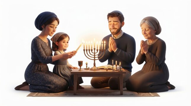 Family lighting Hanukkah menorah candles with prayer on white background