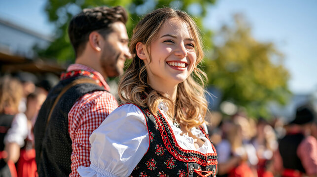 Rear perspective of a large group wearing lederhosen and dirndl outfits celebrating Oktoberfest together, faces hidden and turned away from camera, bright clean outdoor backdrop, joyful festive atmo