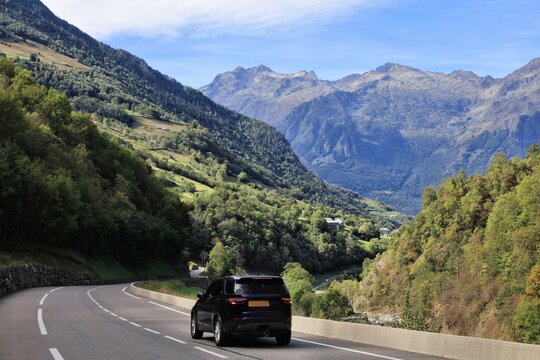 French Pyrenees landscape. Road to Cirque de Gavarnie mountain valley in Pyrenees National Park (French: Parc national des Pyrenees).