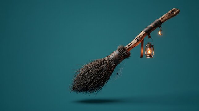 A whimsical broom with a glowing lantern floats against a teal background