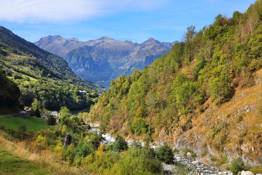 French Pyrenees landscape. Valley leading to Cirque de Gavarnie in Pyrenees National Park (French: Parc national des Pyrenees).