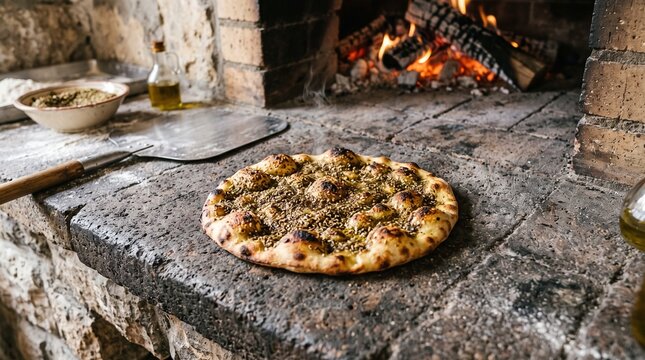 Fresh round flatbread with fragrant zaatar herbs baking inside rustic stone bread oven.