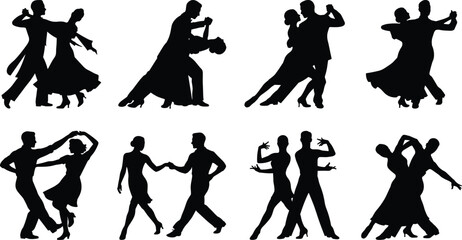 Set of dancing couple silhouette illustrations showing ballroom and Latin dance poses in vector style © MdArshadul