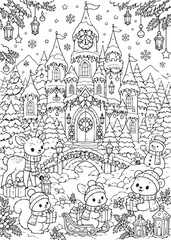 Fototapeta premium Christmas Winter Castle Coloring Page with Cute Woodland Animals and Snowy Forest