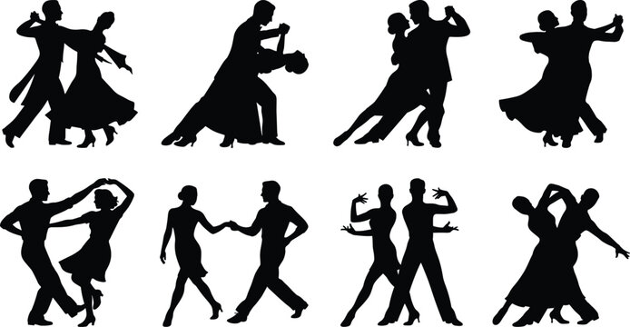 Set of dancing couple silhouette illustrations showing ballroom and Latin dance poses in vector style