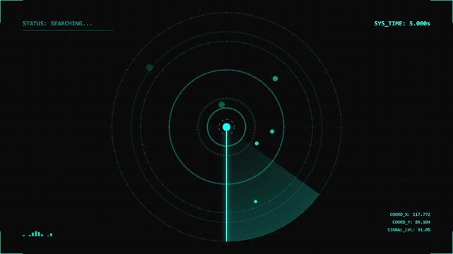 Futuristic Radar HUD Screen Sweep with Target Detection and Data Telemetry Overlay