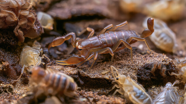 Scorpion among small arthropods on dry soil