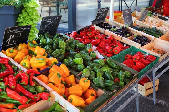 Peppers at local farmer's market in Orange town, Provence region of France.