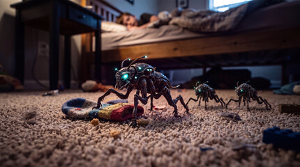 Obraz premium Small alien creatures walk on a carpet in a child's bedroom