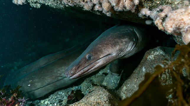 Conger eel peeking from rocky underwater crevice