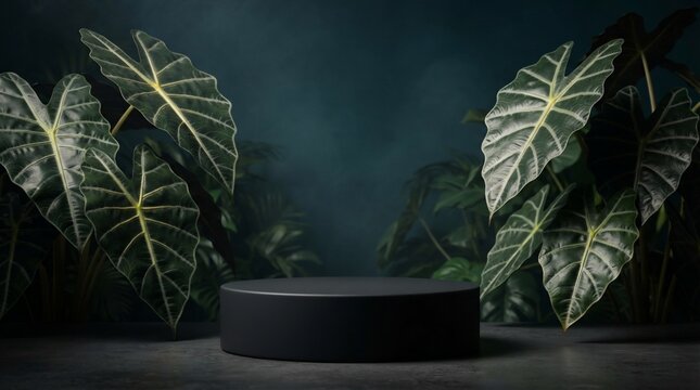 Dark podium surrounded by lush tropical greenery and mist