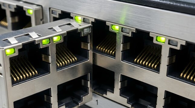 Close-up of Ethernet Network Cables and Ports in a Server Rack Panel