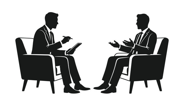 Businessmen in suits sitting on chairs having professional conversation shown as simple black vector illustration