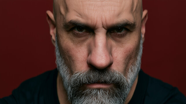 Bald man with gray beard staring intensely at camera