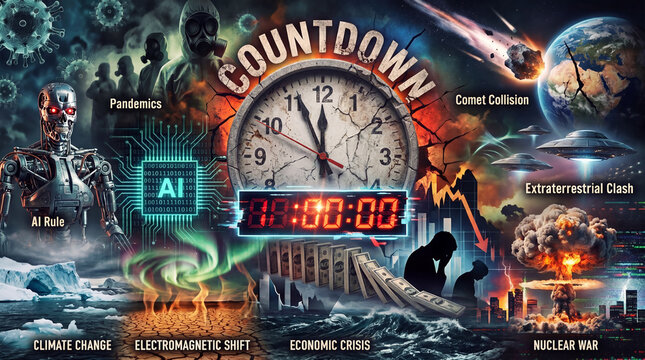 A dramatic doomsday collage illustrating global apocalyptic threats and a countdown clock to the end of the world