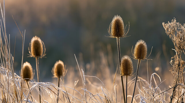 Teasel seed heads in frosty autumn meadow
