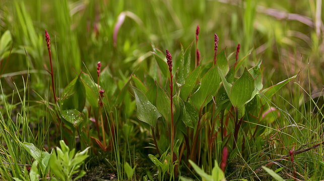 Red stemmed plants with green leaves and flower buds in grassy field