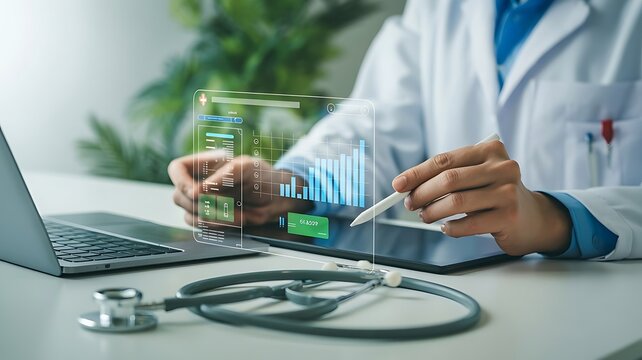 Doctor analyzing patient medical data on a futuristic holographic interface with tablet and stethoscope