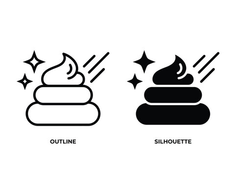 Set of poop icons, outline and silhouette style, vector illustration of a pile of excrement with sparkle effects, humorous design element for web and print