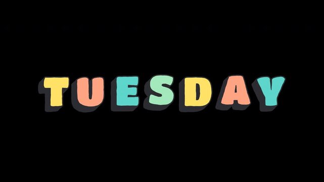 Hand Drawn Tuesday Text 3D Animation. 4K Alpha Channel