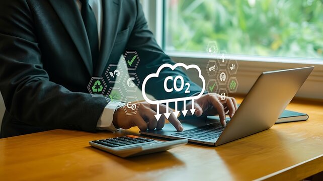 Business growth and sustainability with focus on carbon footprint reduction and environmental responsibility, emphasizing digital solutions