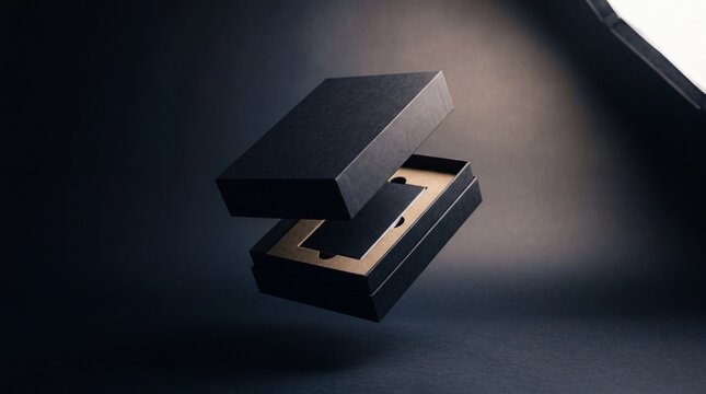 Premium black rigid presentation box with gold interior floating in dark studio void