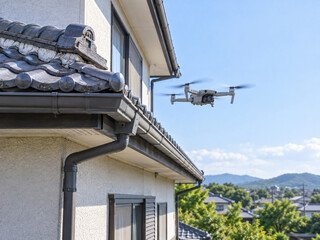 Obraz premium Drone Hovering Close to Roof Eave and Gutter of Japanese House During Inspection