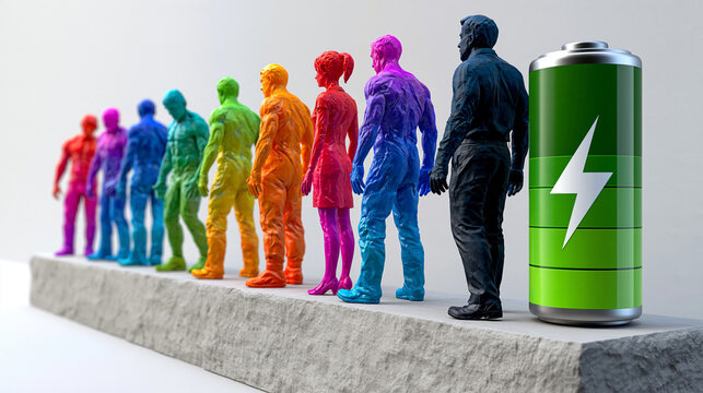 Diverse colorful human figures progressing through stages of exhaustion and recovery, each paired with a battery icon showing increasing energy levels, concept of resilience, renewed motivation, vit