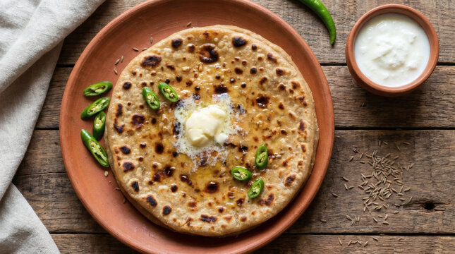 Aloo Paratha Authentic Spiced Flatbread on Rustic Table Punjabi Food