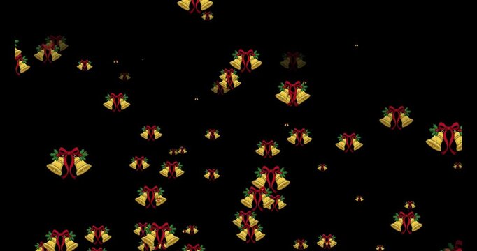 Christmas bells with ribbons falling on black background graphic of golden with red bows