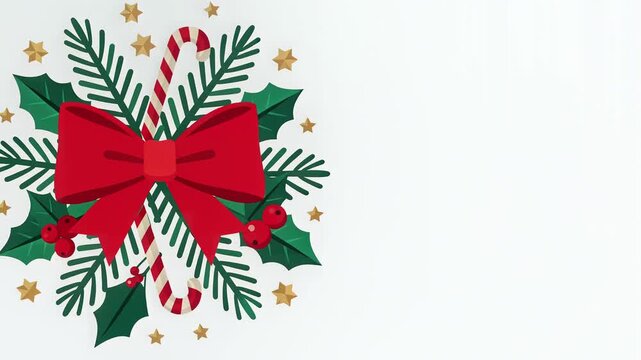 Flat vector Christmas decoration with red bow candy cane and holly