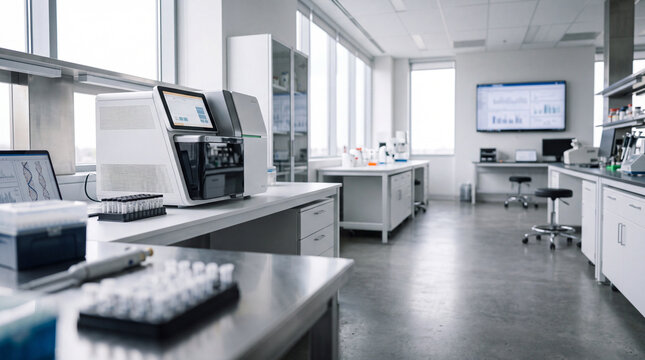 Modern clinical laboratory interior with DNA sequencer and research workstations