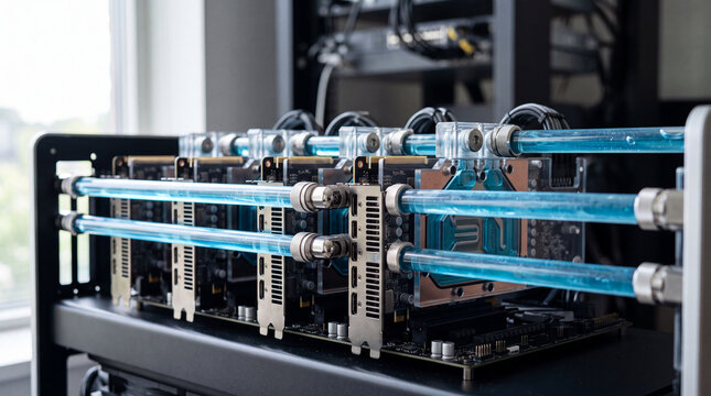 High-performance GPU computing rig with custom liquid cooling system for cryptocurrency and compute tasks